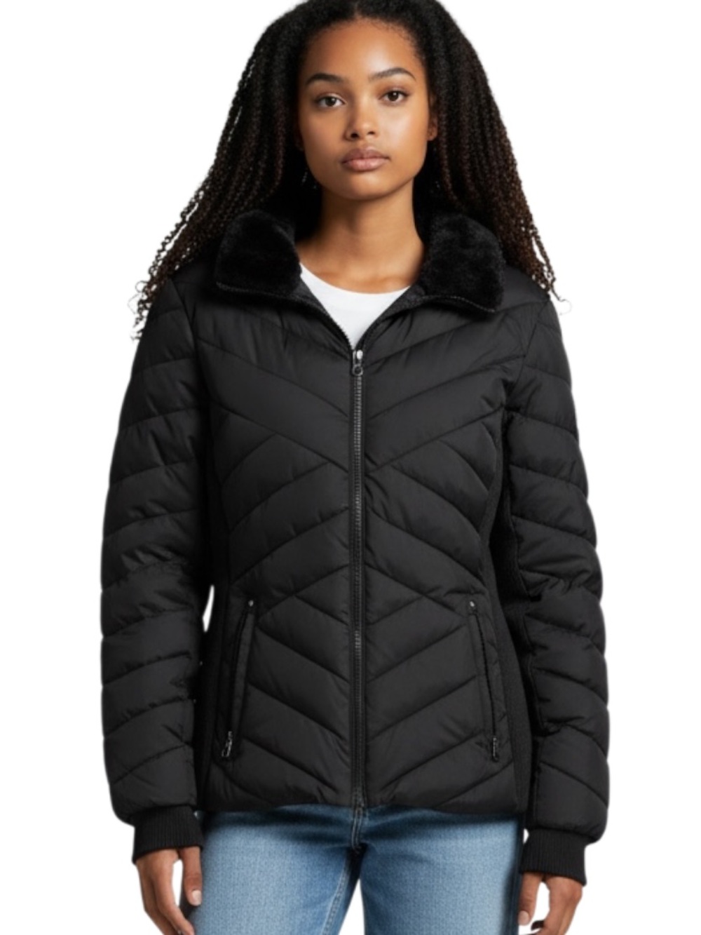 Nautica Black Quilted Puffer Jacket with Faux-Fur Collar